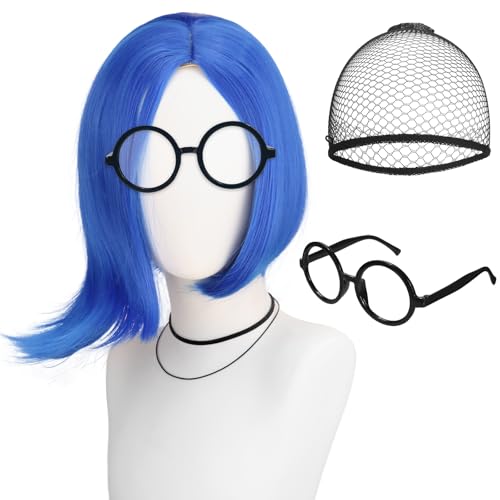GHGMAO Blue Wigs for Women Short Blue bob Wigs Sadness Cosplay Wig Anime Synthetic Hair for Halloween Costume Party (1 Glasses+ 1 Hair Cap)