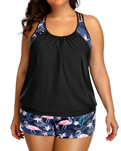 Image of Womens Plus Size Tankini Swimsuit Two Piece Tummy Control Bathing Suit | Blouson Racerback Tankini Top with Shorts, Double Up Design, Removable Pad