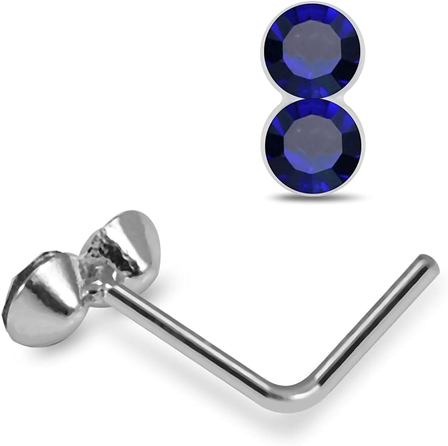 Dark Blue Double Round Gemstone Top 22 Gauge Silver L Bend Nose Stud Piercing Jewelry