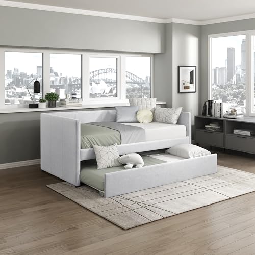 Image of Lexicon Upholstered Daybed with Trundle, Textured Fabric Twin Day Bed Frame with Backrest and Wood Slat Support, Twin Trundle Daybed Sofa Bed for Bedroom Guest Room, No Box Spring Needed, Light Grey