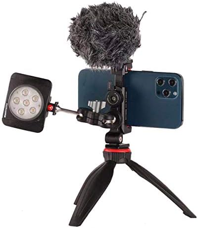 Metal Phone Tripod Mount with Cold Shoe, 360 Rotated and Tilt Angles Version, Compatible with iPhone Tripod Mount,Samsung Smartphone Clip Adapter, Cell Phone Clamp Holder,Video Rig Mount