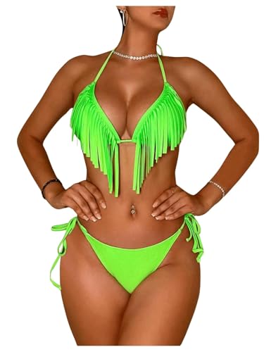WDIRARA Women's Fringe Trim Halter Triangle Tie Side Bikini 2 Piece Thong Swimsuit Green Medium