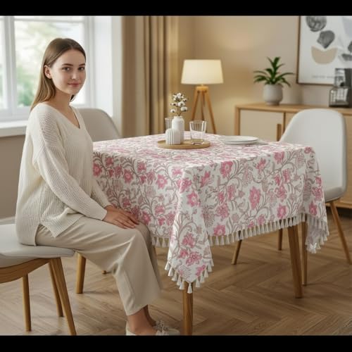 Image of RRC Microfiber Cotton Table Cloth Pack of 2 for 4 Seater Dining Table, 45 x 60 Inch Rectangular Printed Table Cover with Tassels, Washable, Durable & Fade Resistant