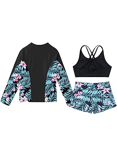 Linjinx Kids Girls 3-Piece Long Sleeve Rash Guard Sets Floral Tankini Bikini with UPF 50+ Zip Rushguard Shirt Swimwear3