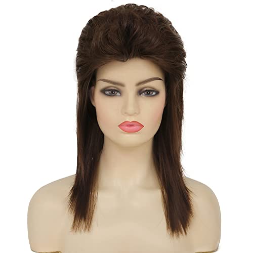 Image of Swiking Brown Mullet Wigs for Women Curly 70s 80s Rocker Shoulder Length Hair Cosplay Synthetic Women Wigs (Brown)