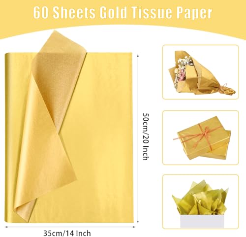 60 Blatt goldenes Seidenpapier, 50 x 35 cm, metallisches Geschenkpapier für Hochzeit, Geburtstag, Jubiläumsfeier, Valentinstagsdekoration