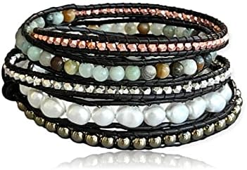 MGR MY GEMS ROCK! Hand Beaded Natural Cultured Freshwater Pearl Genuine Amazonite Mixed Stone Boho Stackable Multi-strand Multi-wrap Bracelet. Multi-Layer Leather Bracelet, 35" Long up to 5 wraps.