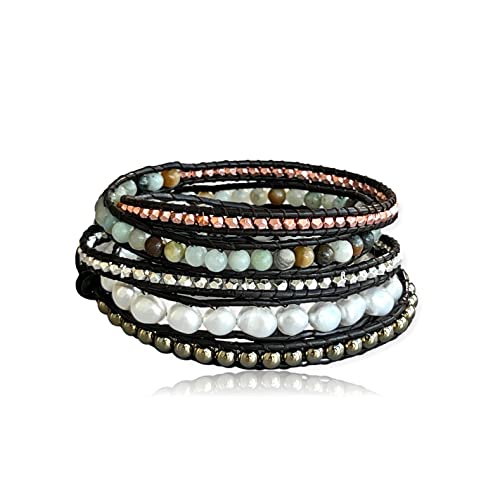 Mgr My Gems Rock! Hand Beaded Natural Cultured Freshwater Pearl Genuine Amazonite Mixed Stone Boho Stackable Multi-Strand Multi-Wrap Bracelet. Multi-Layer Leather Bracelet, 35" Long Up To 5 Wraps. #TOP19
