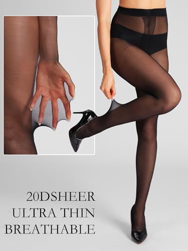 MERYLURE Sheer Black Tights for Women T-Crotch 20D Ultra Thin Pantyhose High Waist Stockings Reinforced Toes 2 Pairs4
