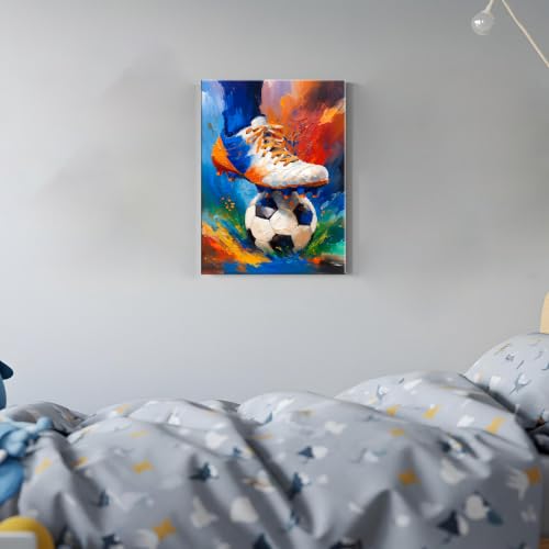 Image of Frimeeme Framed Soccer Canvas Decor & Wall Art, 12 inchX16 inchIn | for Modern Artwork Home Decor Bedroom Boys Room Teen Kids Playroom,Ready To Hang