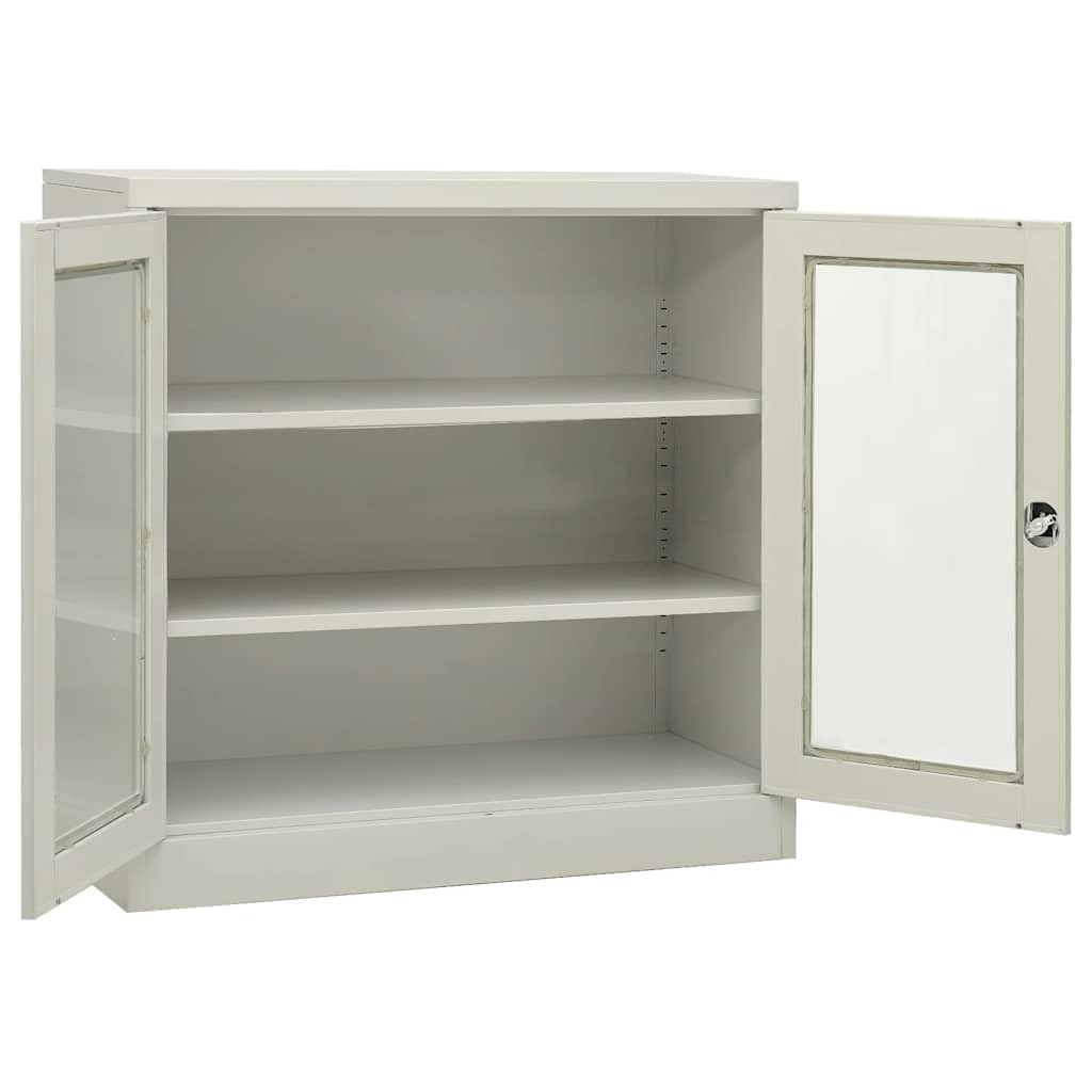 Aktenschrank Metall mit Glastüren 90x40x90 cm Hellgrau, Büroschrank abschließbar mit Schloss und 2 verstellbaren Einlegeböden, Stahlschrank für Dokumente und Ordner