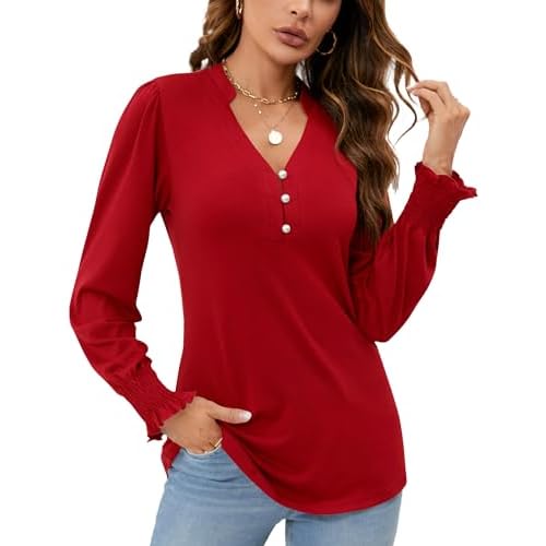 Rapbin Womens V Neck Puff Long Sleeve Button Down Tunic Blouses Fall Tops 2025 Ruffle Cuffs Dressy Casual T-Shirts Small Long Sleeve - Red