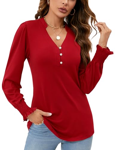 Rapbin Red Christmas Blouse for Women Dressy Casual V Neck Long Seleeve Tunic Tops Womens Trendy Fashion 2025 Red L