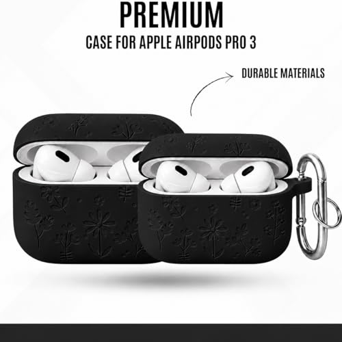 Image of Emoh Roced Case for Airpods Pro 3 with Keychain,Silicone Flower Engraved Cases Compatible with Apple AirPods Pro 3rd Generation 2025, Anti-Scratch, Protective Case Cover (Black, for AirPods pro 3)