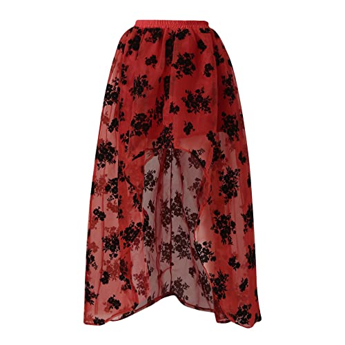 Falda de puerta para mujer, color verde claro, cintura alta, cinturón elástico, informal, poncho de malla, falda irregular, falda plisada, fiesta, disfraz, longitud 40 cm, cintura, rojo, L