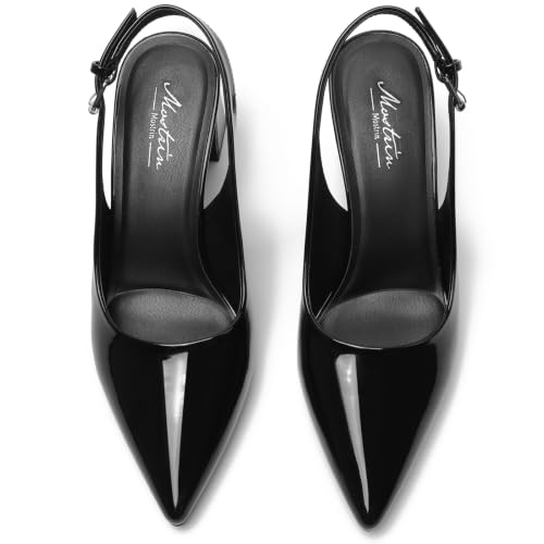 Image of Mostrin Kitten Heels for Women Pointed Toe Pumps Patent Leather Low Heel Slingback Heels with Buckle Dress Shoes for Dating Party Working
