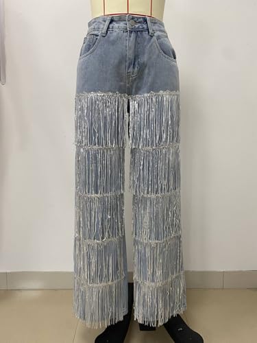 Women's High Waisted Sequin Fringe Jeans Baggy Straight Leg Sparkly Tassels Denim Pants Y2K Streetwear4
