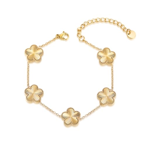 Double Sided Four Leaf Clover Bracelet for Women 18K Gold Plated Stainless Steel Link Bracelet Wrist Jewelry