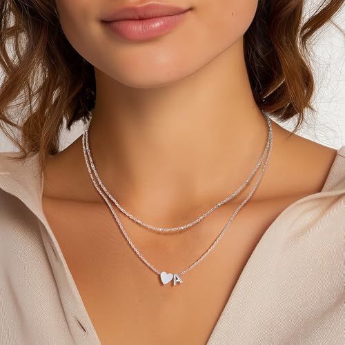 Bestyle Initial Necklaces for Women, Tiny Letter Heart Layered Necklace Dainty Gold/Silver A-Z Pendant Stainless Steel Necklace Personalized Monogram Birthday Jewelry Gifts2