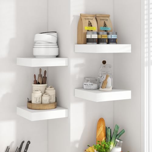 Image of Axeman Square Floating Shelves for Wall, 8 inch W x 8 inch D x 1.4 inch H Rustic Wooden Shelves, 4 Pack Wall Mounted Floating Shelf with Invisible Brackets for Living Room, Bathroom, Kitchen, White Color