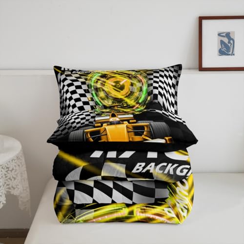 Image of Feelyou Kids Racing Car Comforter Set Toddler Size, Yellow Ombre Bedding Set Boys Girls Extreme Sports Duvet Insert Teens Bedroom Decor Bed Set 2Pcs
