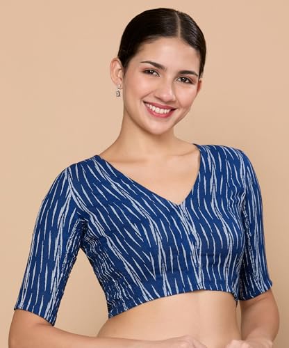 Image of Studio Shringaar Women's Cotton Half Sleeves Ikat Stretchable (Smocked) Readymade Saree Blouse
