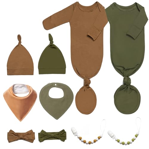 Image of 2PK Ultra Soft Knotted Newborn Sleep Gown for Baby Girls Boy- Coming Home Hospital Outfit with Hat, Bow, Clip & Drool Bib Set