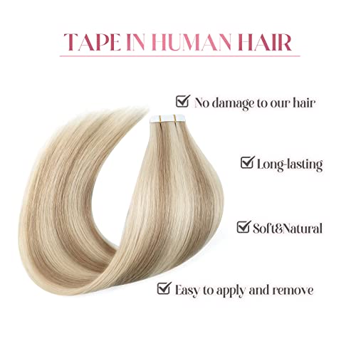 Image of Sixstarhair Remy Tape In Hair Extensions Ash Blonde and Ash Brown Piano Color Remy Human Hair Lowlight Hair Extensions 20 Pieces Pack For White Women [P8-60 16inch]