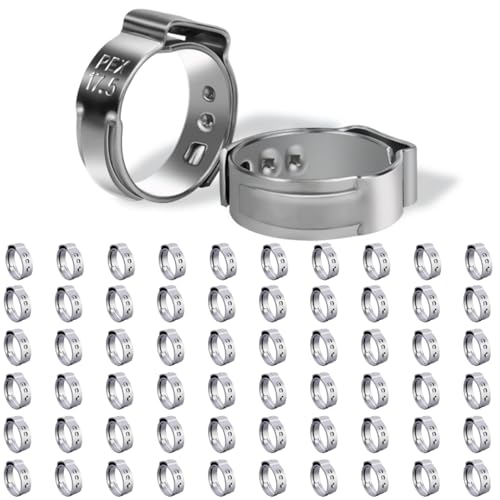 Image of 60 Pack 1 /2 Inch Pex Cinch Clamp Rings, Stainless Steel PEX Crimp Ring, Single Ear Hose Clamps for PEX Tubing Pipe Fitting Connections