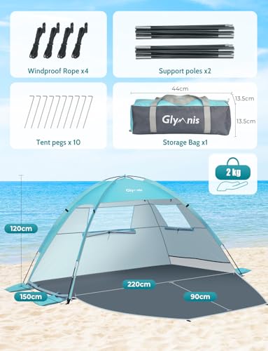 Image of Glymnis Beach Tent Sun Shelter for 3 Person with UPF 50+ UV Protection, Lightweight & Easy Setup Beach Shade Canopy with Vent Windows & Zippered Door - Blue