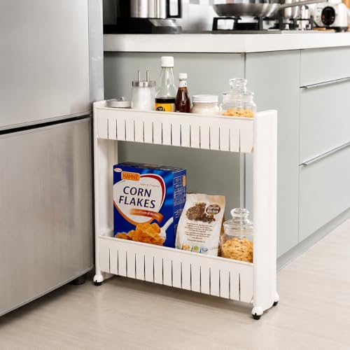 Image of JD FRESH 2-Tier Slim Rolling Storage Organizer Rack /Fridge Side Storage Rack /Plastic Trolley Storage Stand with Wheels /Floor Standing Cabinet for Bathroom and Kitchen Corner Area (White)