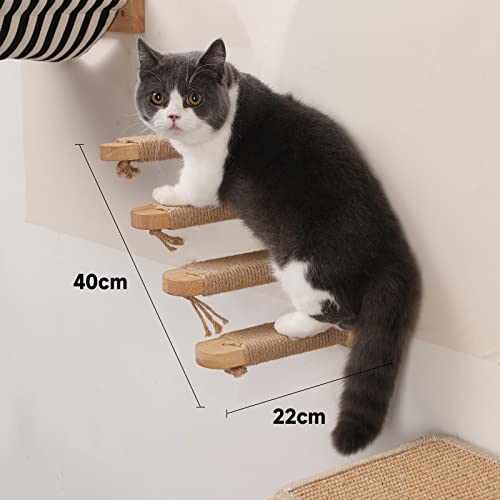 Fukumaru Kletterwand für Katzen, Katzentreppe Wand, Wandliege aus Massives Gummiholz, mit Juteseil für kratzen von Rechts nach Links, für Katzen bis 15 kg mit Juteseil zum Spielen