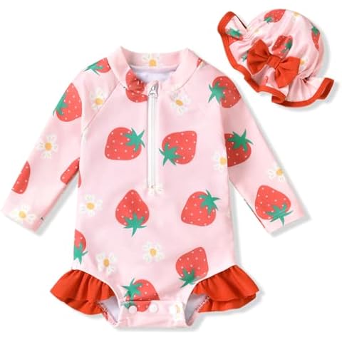Aalizzwell Infant Baby Girls One Piece Long Sleeve Swimsuit Strawberry Bathing Suit Zip Up Swimwear Beach Wear 3-6 Months Fruit Cover