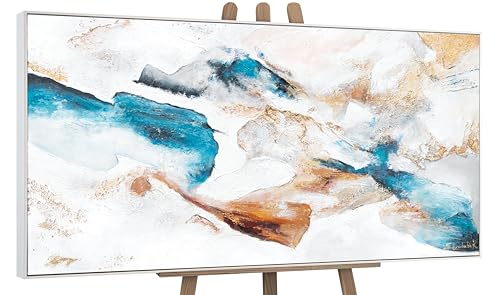 YS-Art Cuadro pintura abstracta hecho a mano Esmeralda Colores blancos y azules saturados con dorado Pintado en acrílico Arte moderno con marco 140x70 cm