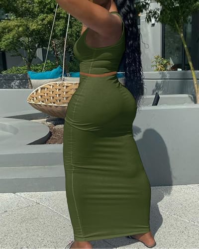Image of Women Sexy Two Piece Skirt Outfits Long Sleeve /Sleeveless V Neck Bodycon Ribbed Knitted Maxi Club Party Dress