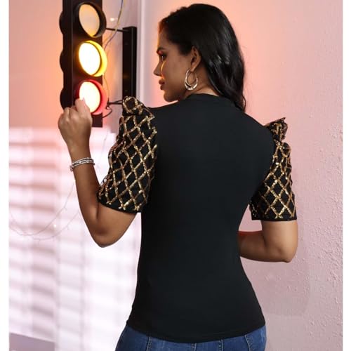 acelyn Women Sexy Sparkle Shimmer Sequin Top See Through Mesh Puff Short Sleeve Tunic Shirt Holiday Party4