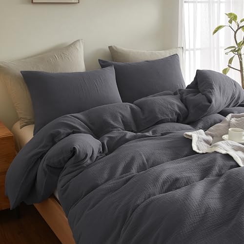 SE SOFTEXLY Muslin Duvet Cover King Size, 100% Washed Cotton Duvet Cover Set, Ultra Soft Comforter Cover Linen Like, 3 Pieces Minimalist Gauze Duvet Cover with 2 Pillowcases, 90"x104", Dark Grey