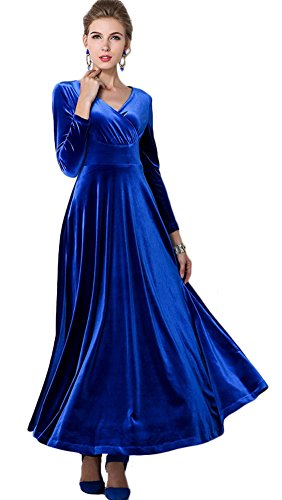 Urban CoCo Women Long Sleeve V-Neck Velvet Stretchy Long Dress (Large, Royal Blue)