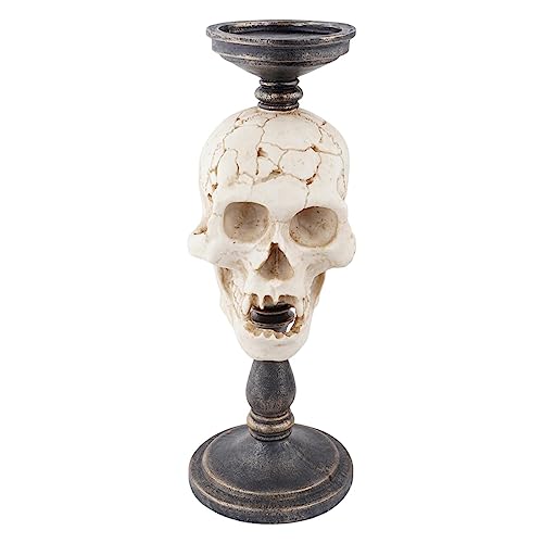 Candelabro de 33 cm, diseño de calavera de Halloween, decoración única, estatua de calavera blanca, candelabro votivo para mesa de Halloween, resina de calavera humana, médica