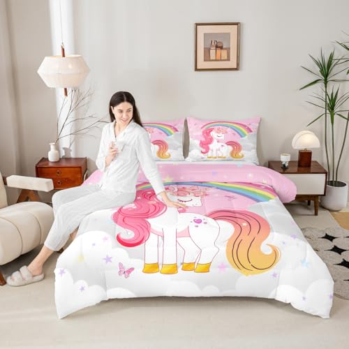 Image of Erosebridal Unicorn Girls Bedding Set Toddler | Kids Rainbow Unicorn Comforter Set Kawaii Cute Reversible Stars Butterfly Quilt Comforter Teens Children Adults Cartoon Room Decor All Season,2 Pcs