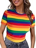 LilyCoco Womens Rainbow Striped Shirt Short Sleeve Colorblock Tops Crew Neck Fitted Tshirts Rainbow Striped Medium