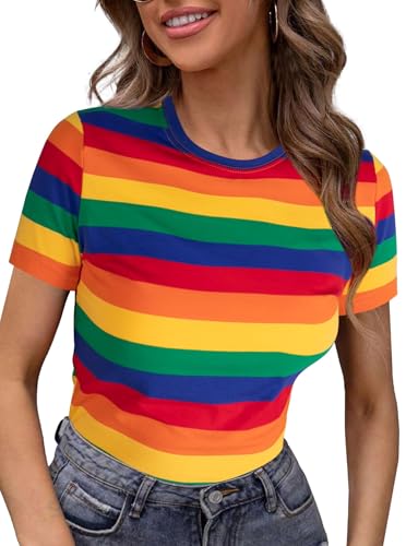 LilyCoco Womens Rainbow Striped Shirt Short Sleeve Colorblock Tops Crew Neck Fitted Tshirts