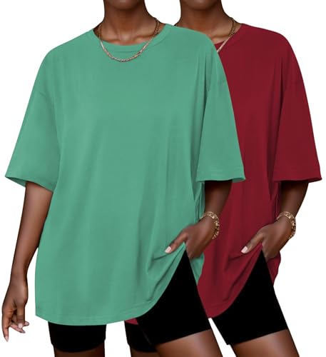Image of Ekouaer 2 Pack Womens Tops Short Sleeve Oversized T Shirts Summer Spring Tops 2025 Basic Casual Tee Top S-XXL