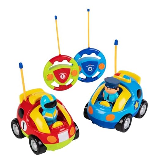 Prextex Pack of 2 Cartoon R/C Police Car and Race Car Radio Control Toys for Kids- Each with Different Frequencies So Both Can Race Together