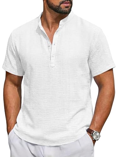 Image of Runcati Mens Casual Henley Shirt Short Sleeve Band Collar Textured Shirts Summer Beach Hippie T-Shirts