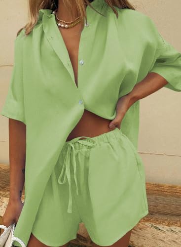 Image of Fixmatti Women 2 Piece Outfits Long Sleeve Button Down Blouse and Shorts Sweatsuit Sets