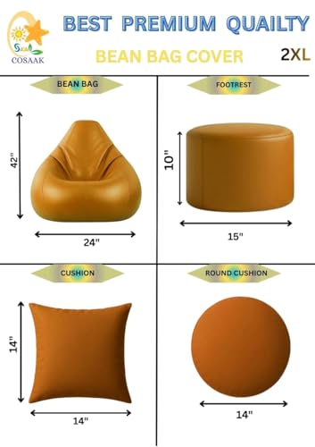Image of 2XL Teardrop Bean Bag Chair Set with Footrest & Two Cushion, Faux Leather, Indoor Gaming and Lounging, Adult Size (Camel, XXL, Solid)