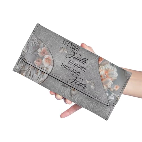Butterfly Floral Women's Leather Trifold Wallet Grey Card Slots Card Holder, Lord Quotes Flowers Long Clutch Purse Checkbook Wallets for Ladies, Faith Bigger Than Fear3
