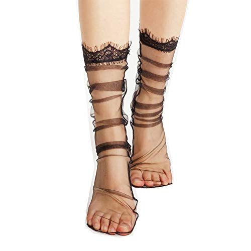 Women's See Through Mesh Loose Socks Glitter Stars Transparent Sheer Slouch Socks Teen Girls Ankle Hosiery (101#Black)