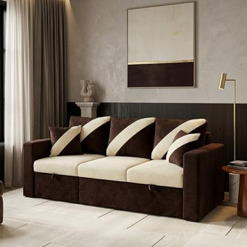 Image of FURNY Trivia 4 Seater LHS Lounger Sofa Cum Bed (Dark Brown - Cream) with Pull-Out Function | Luxury Velvet Suede Finish | Durable Comfort | Ideal for Living Room